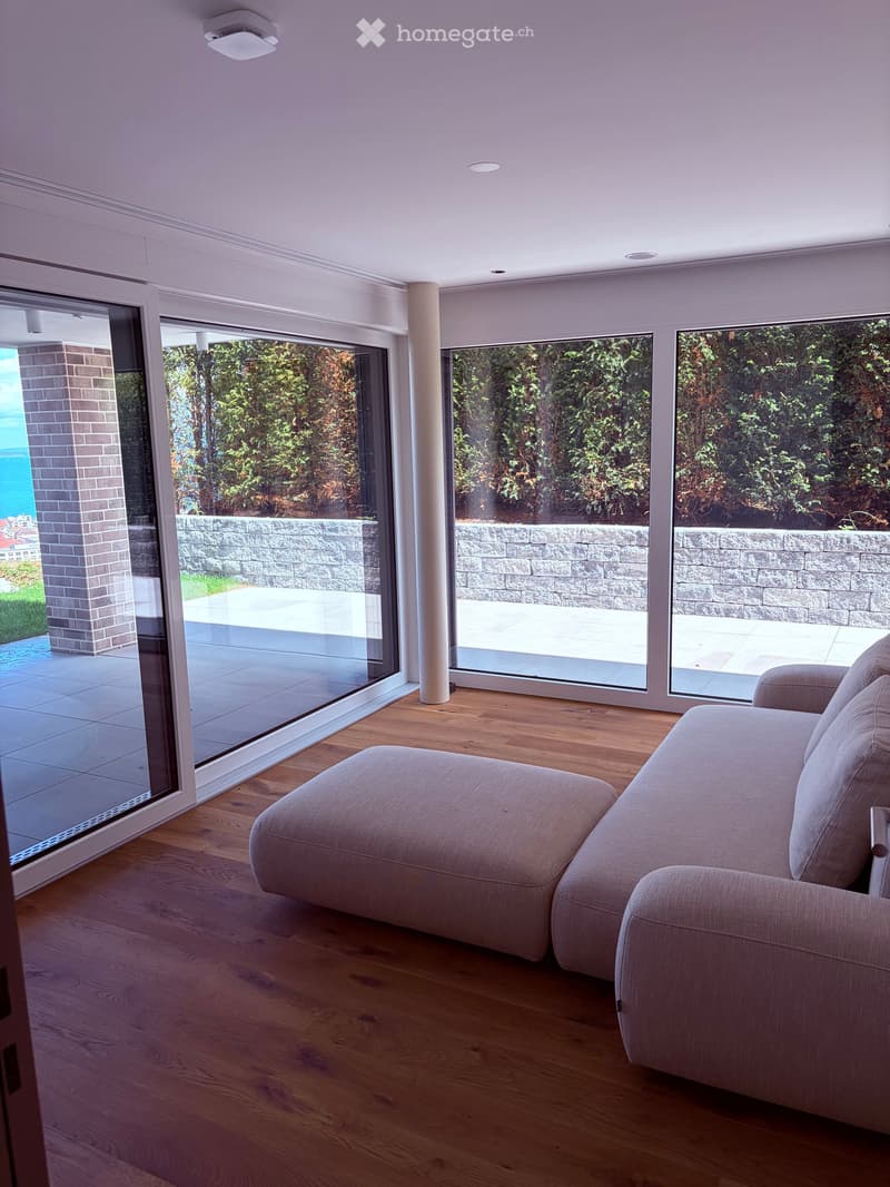 Modern living room with light wooden flooring, large glass sliding doors leading to a patio, and a light grey sectional sofa.