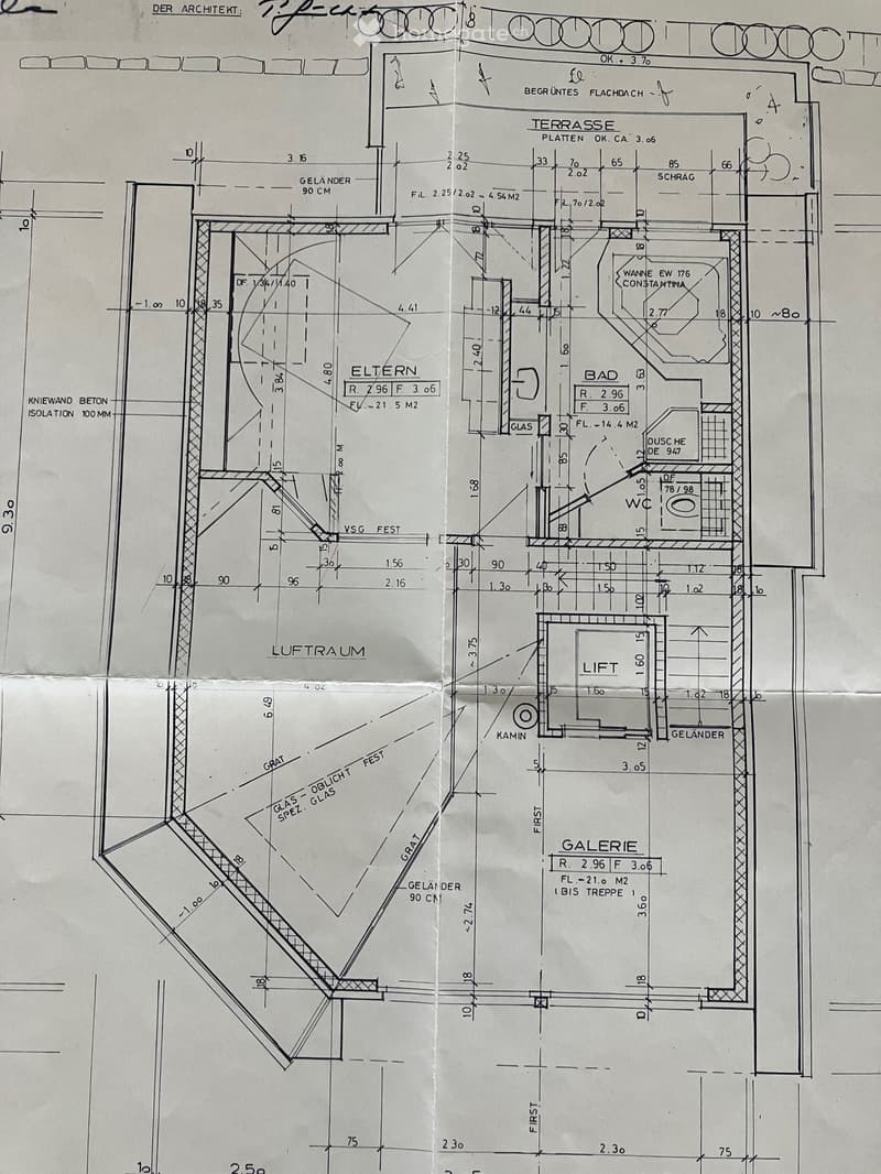 Architectural floor plan showing multiple rooms including a terrace, bathroom, living space, and gallery. Dimensions and labels are provided for each area.