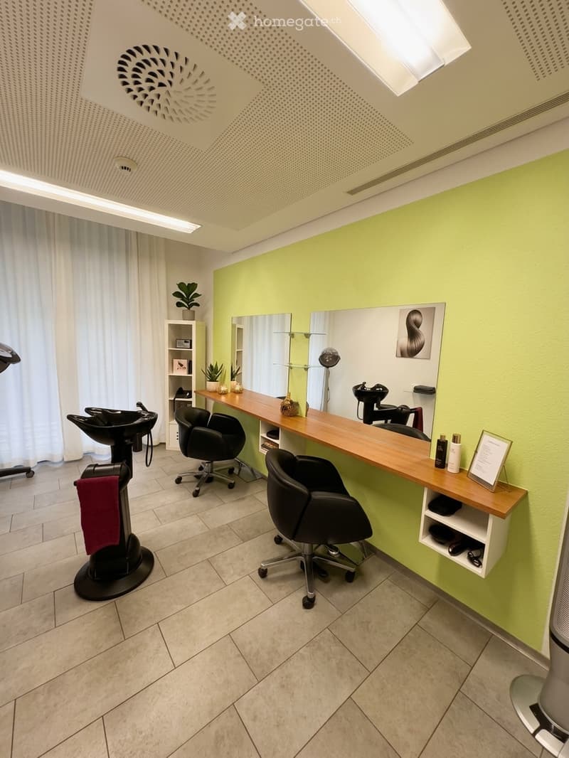 Modern, well-lit salon with light green walls, wooden counter, black chairs, mirrors, shelves, and decorative plants.