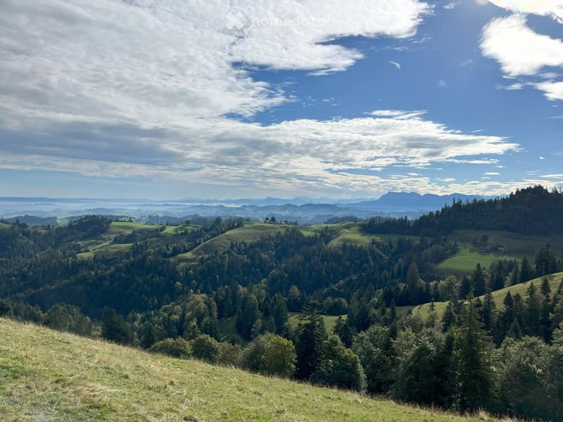 A panoramic view of a lush, green valley with rolling hills, dense forests, and scattered farmhouses under a partly cloudy sky.