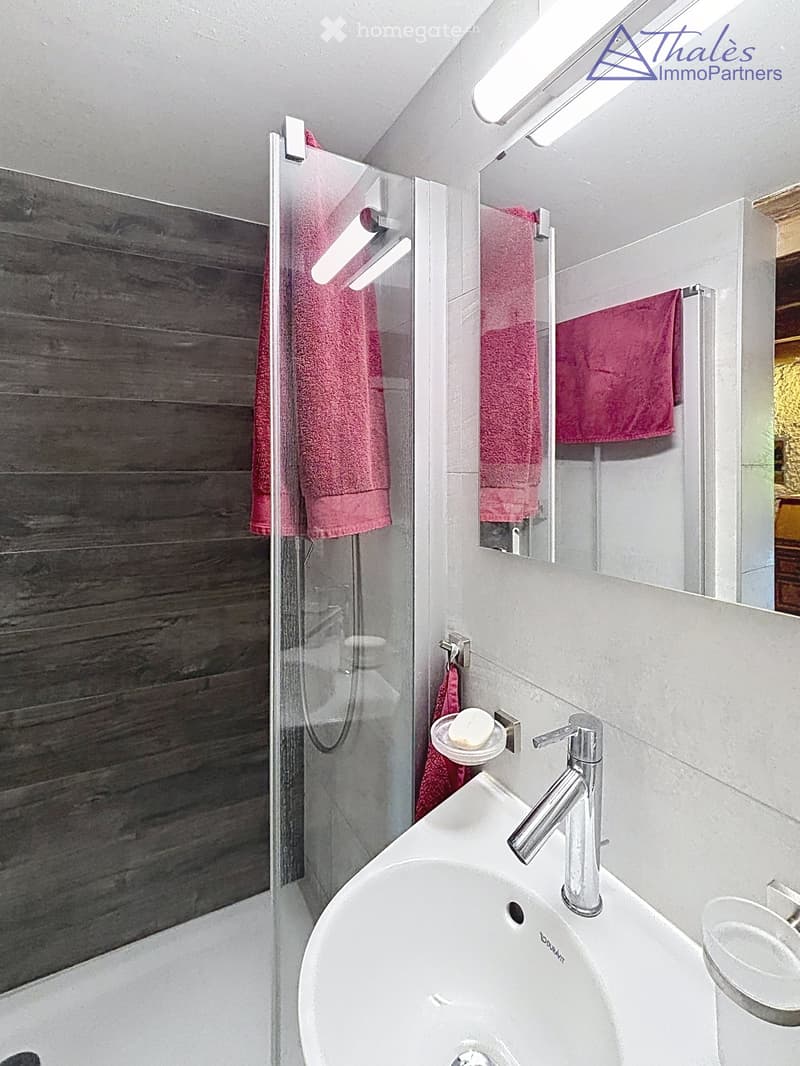 Modern bathroom with a white sink, chrome faucet, mirror, and pink towels hanging on the glass shower enclosure.