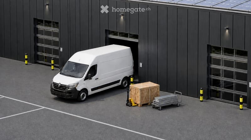 Modern industrial-style building with large garage doors, a white van parked in front, and a forklift with wooden crates nearby.