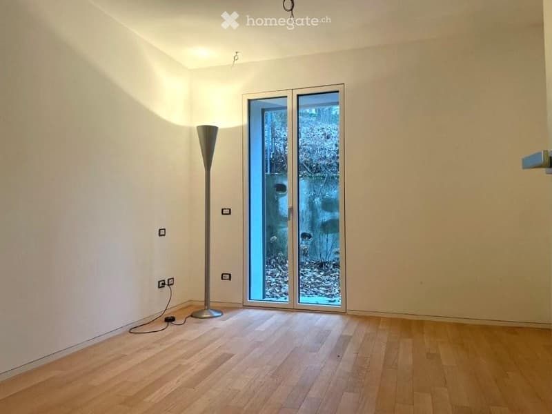Empty room with light-colored wooden flooring, white walls, and a large glass door leading to an outdoor area. A single floor lamp is positioned near the door.