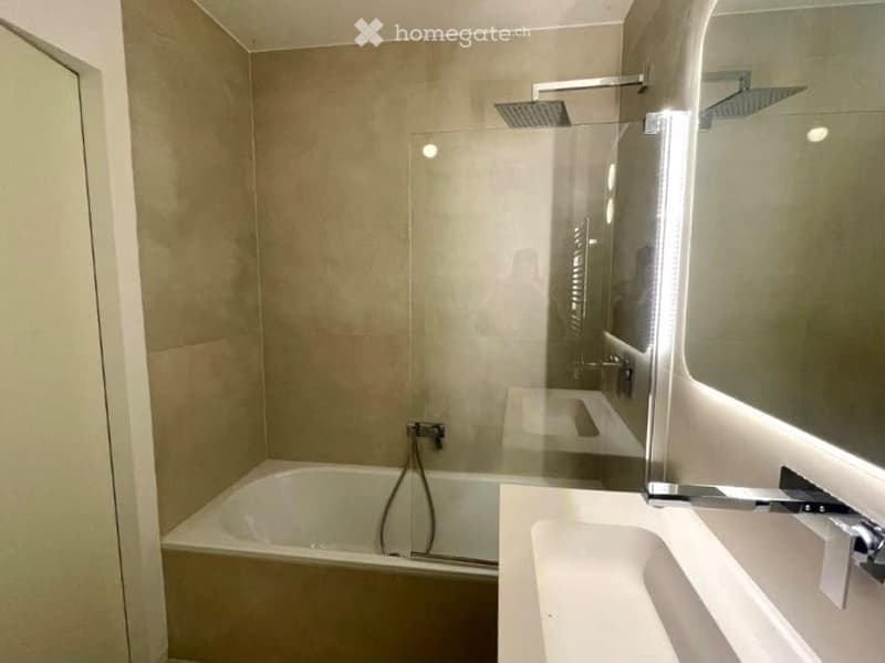Modern bathroom with a bathtub, sink, mirror, and glass-enclosed shower area with multiple showerheads.