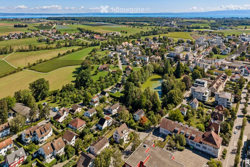 Aerial view of a suburban neighborhood with houses, green spaces, and a lake in the background.