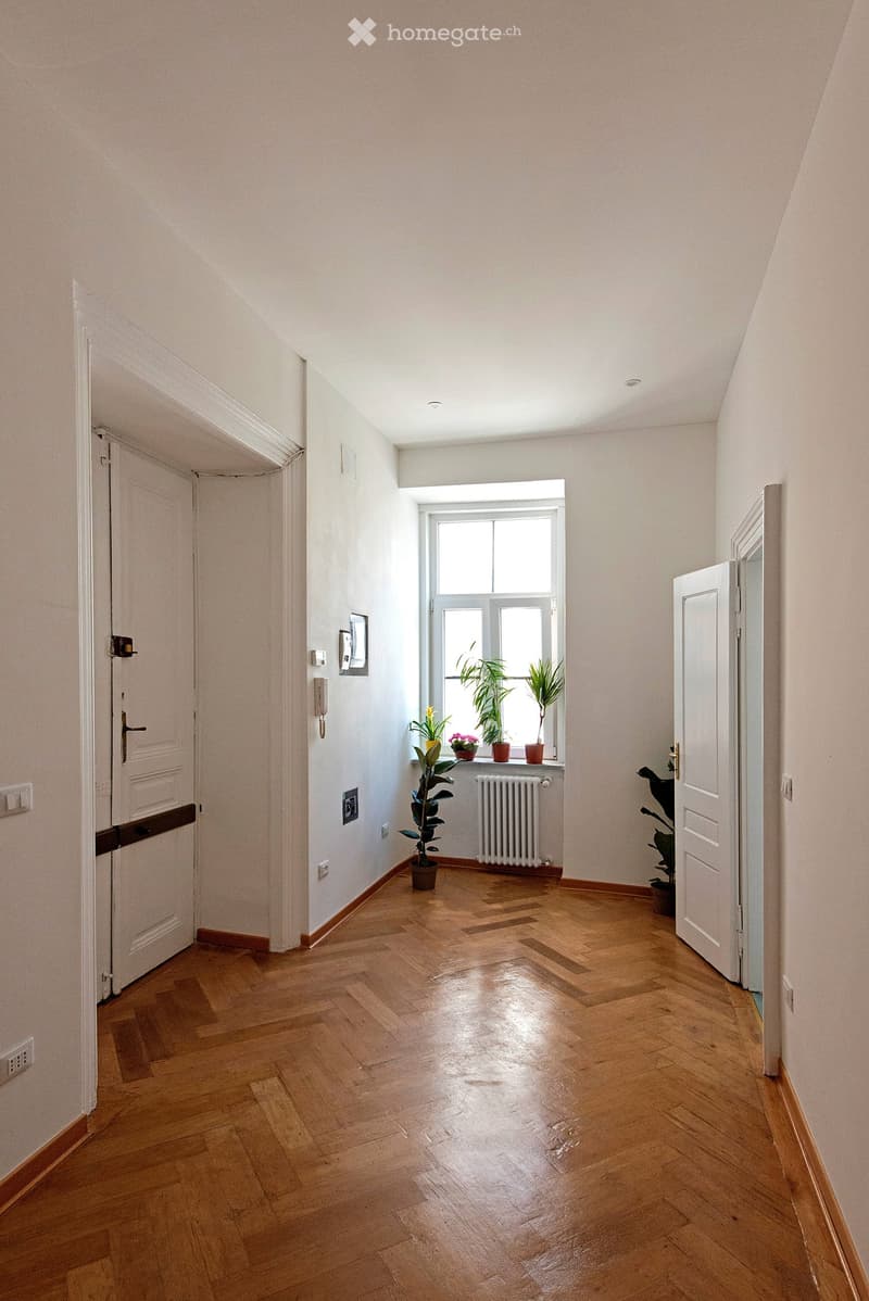 Bright hallway with wooden flooring, white walls, and several doors. A window with potted plants is visible at the end of the hallway.