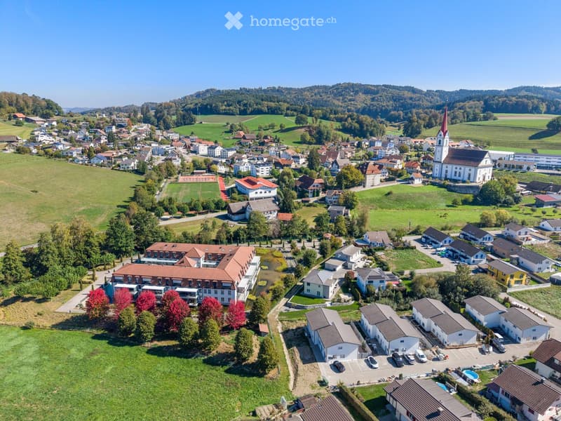 Aerial view of a small town with houses, a church, green fields, and a forested area in the background.