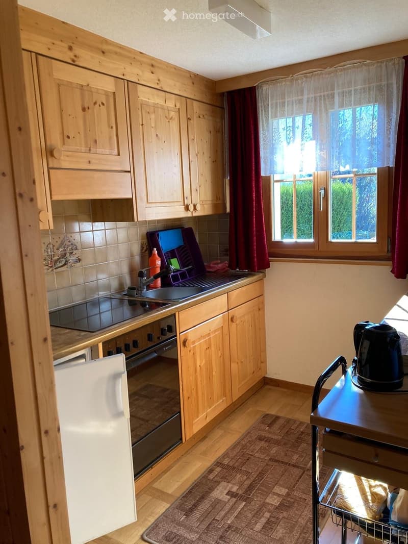 The kitchen features wooden cabinets, a sink with a faucet, an oven, a refrigerator, a small table with a chair, and a window with curtains.