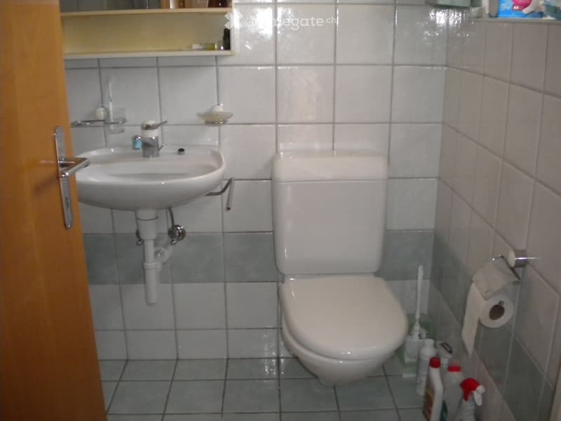 A small bathroom with a white sink, faucet, toilet, and tiled walls. Cleaning supplies and a toilet brush are visible near the toilet.