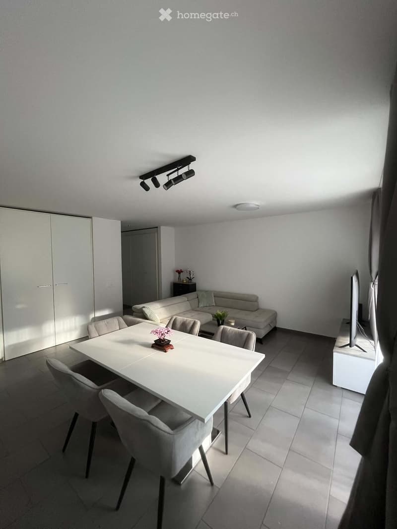 Modern living and dining area with a white sofa, dining table with chairs, television, and decorative vase on a side table.