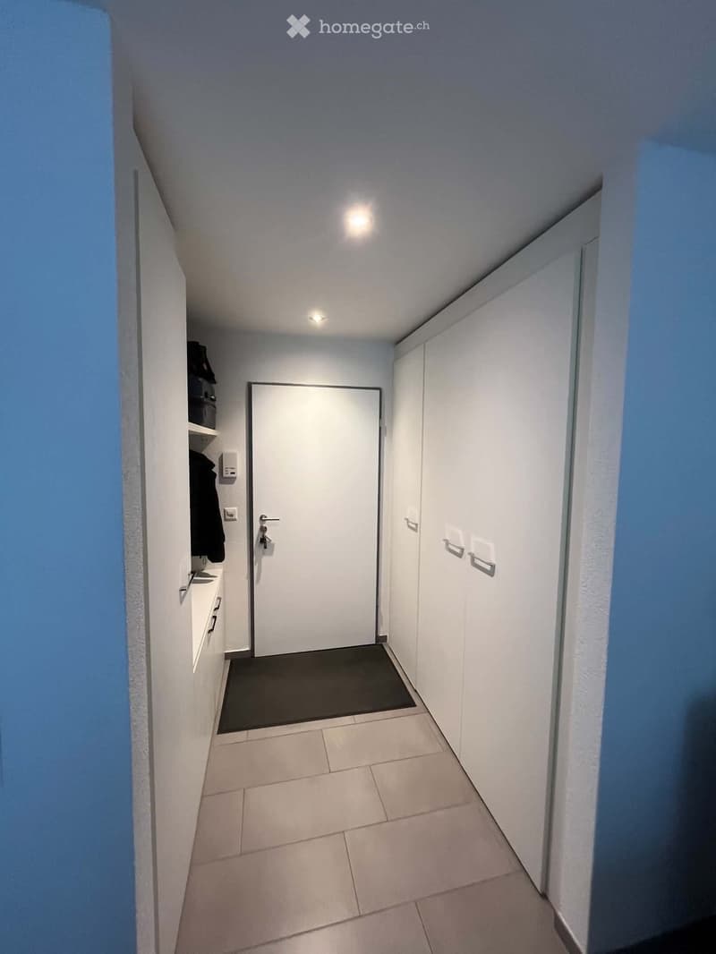 A narrow hallway with white walls, tiled floor, and built-in storage units on one side. A closed door is visible at the end of the hallway.