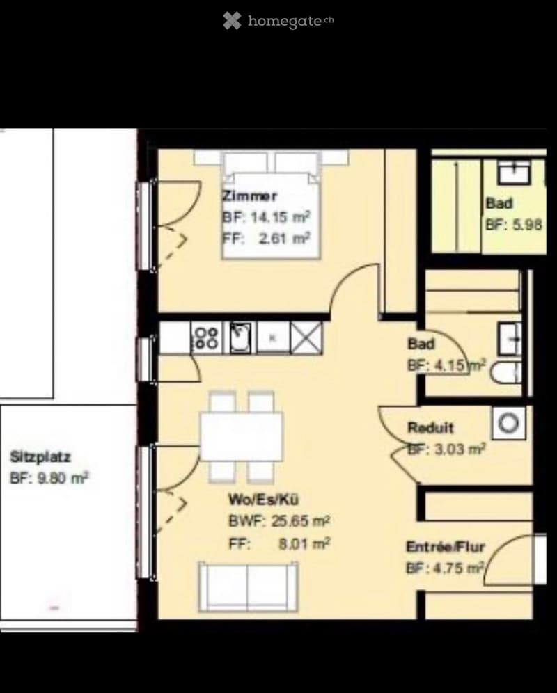 Floor plan showing a living/dining/kitchen area, two bedrooms, two bathrooms, a hallway, and an entrance area.