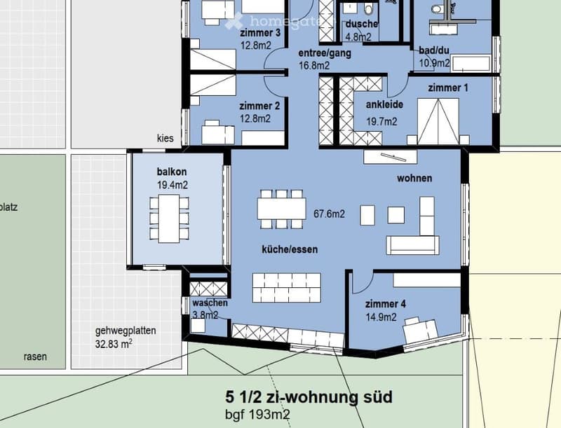 Floor plan of a 5.5-room apartment with living area, kitchen/dining, 4 bedrooms, bathroom, shower, hallway, balcony, and washroom.