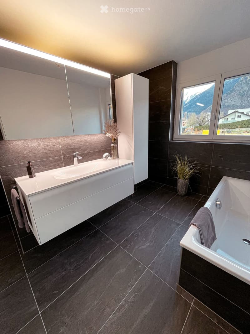 Modern bathroom with dark tiled floor, white sink, large mirror, bathtub, and decorative plants visible through the window.