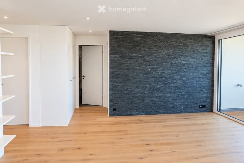 Empty room with wooden flooring, white walls, a dark accent wall, and a large glass door leading outside.