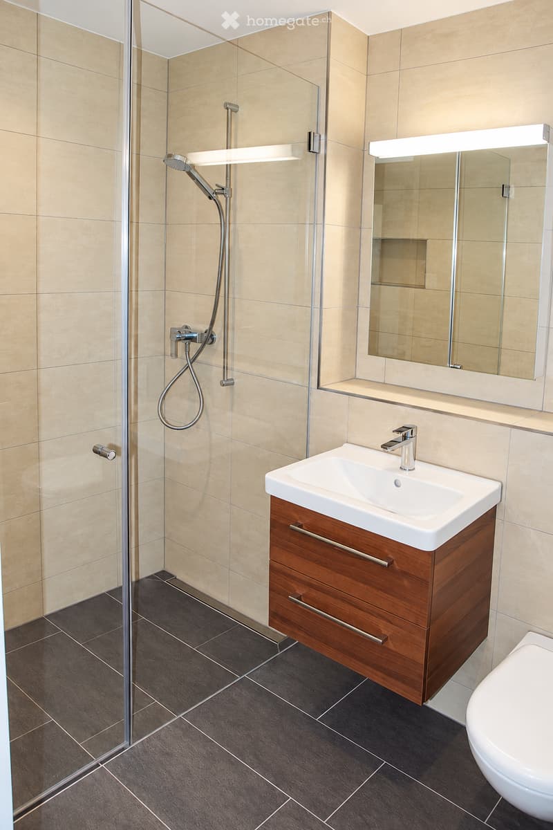Modern bathroom with beige tiles, dark grey floor tiles, a wooden vanity with a sink, a mirror with built-in lighting, and a glass-enclosed shower with a handheld showerhead.