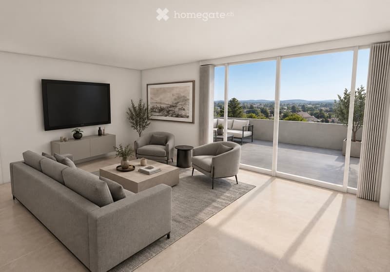 Modern living room with large windows offering a scenic view, featuring a grey sofa, coffee table, armchairs, ottoman, floor lamp, television, and decorative plants.