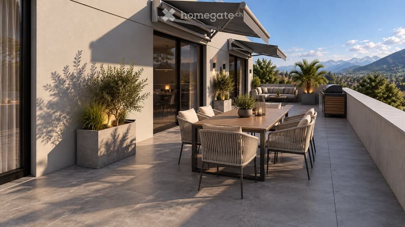 Balcony with a dining table, chairs, sofa, and grill, overlooking a scenic mountain view.