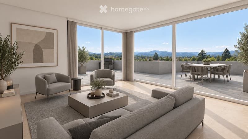 Modern living room with large windows offering a scenic mountain view, featuring a grey sofa, coffee table, armchairs, and a dining area on the balcony.