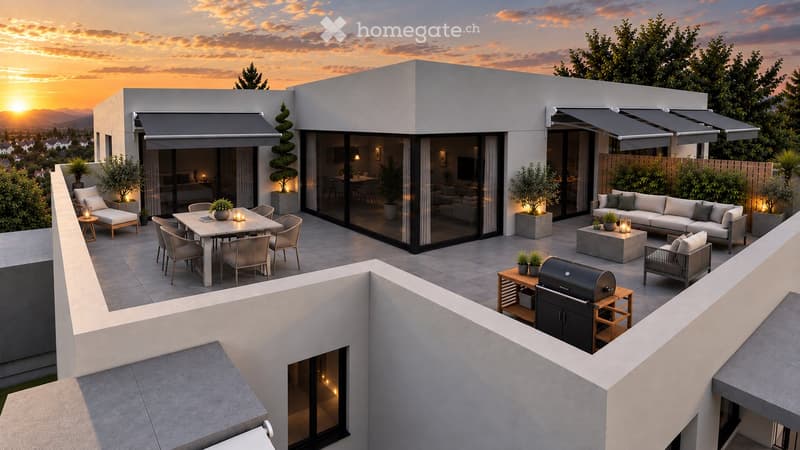 Modern rooftop terrace with a dining area, lounge seating, barbecue, and potted plants, overlooking a scenic sunset view.