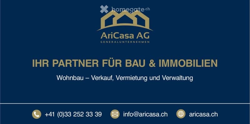 Business card for AriCasa AG, a real estate company specializing in residential construction, sales, rental, and management. Includes contact information and logo.