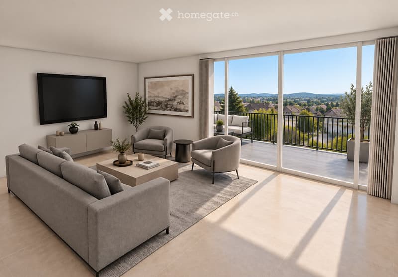Modern living room with large windows offering a scenic view, a grey sofa, coffee table, armchairs, ottoman, sideboard, TV, and decorative plants.