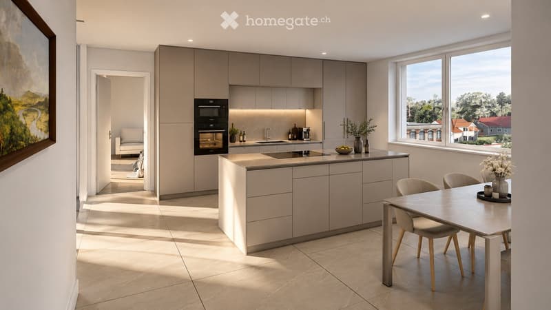 Modern kitchen with light-colored cabinetry, a central island, and a dining area. Features include an oven, sink, coffee maker, and a large window with a scenic view.