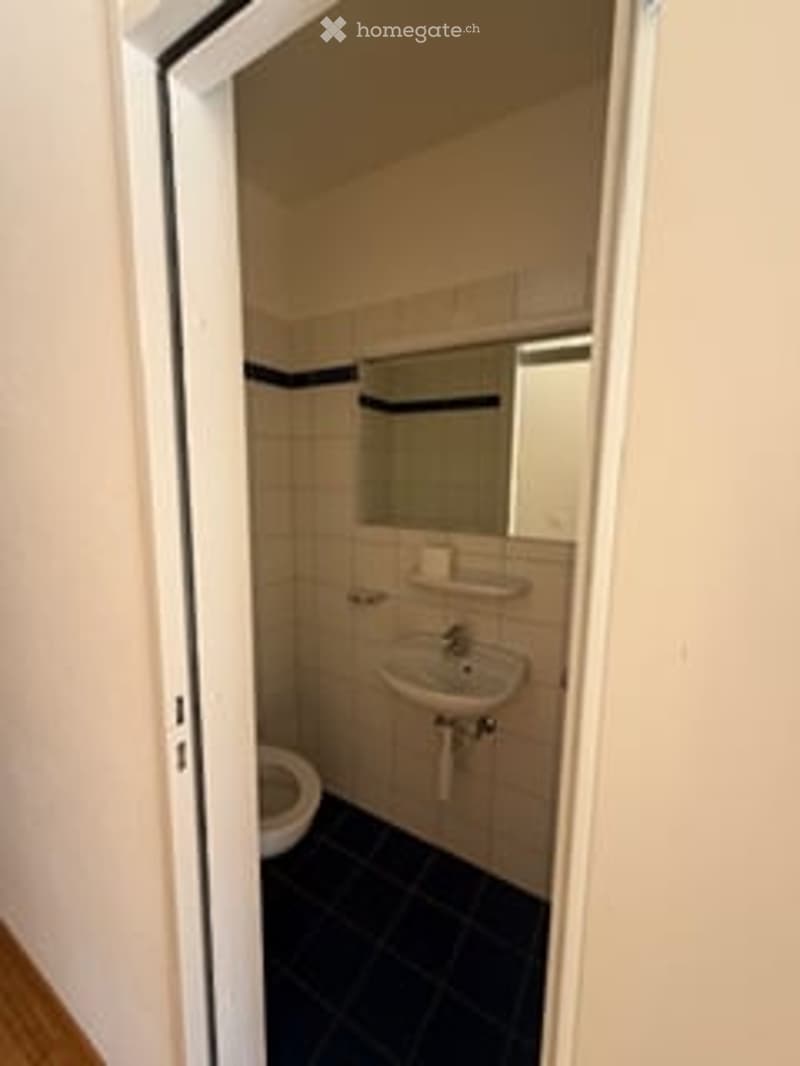 Small bathroom with white tiled walls, black tiled floor, toilet, sink, and mirror.