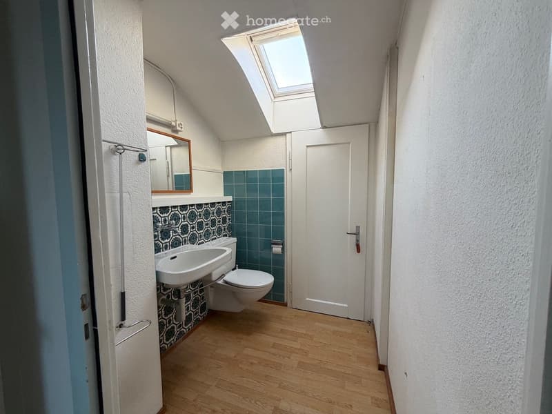 Bathroom with wooden floor, white sink, toilet, and a mirror above the sink. Blue tiles on the wall and a skylight window.