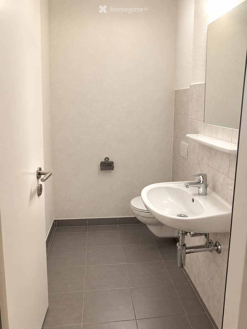 Modern bathroom with a white sink, chrome faucet, toilet, and a mirror above the sink. The walls are tiled in light beige, and the floor is covered with dark gray tiles.