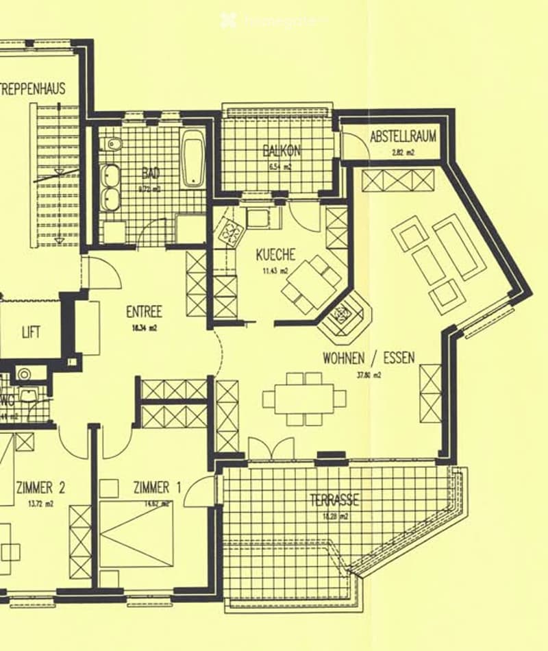 Floor plan of a house with multiple rooms including a kitchen, living/dining area, two bedrooms, a bathroom, a balcony, and a storage room.