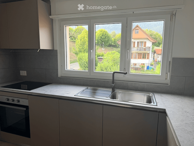 Modern kitchen with a large window overlooking a green area, featuring a stainless steel sink, faucet, stove, and oven.