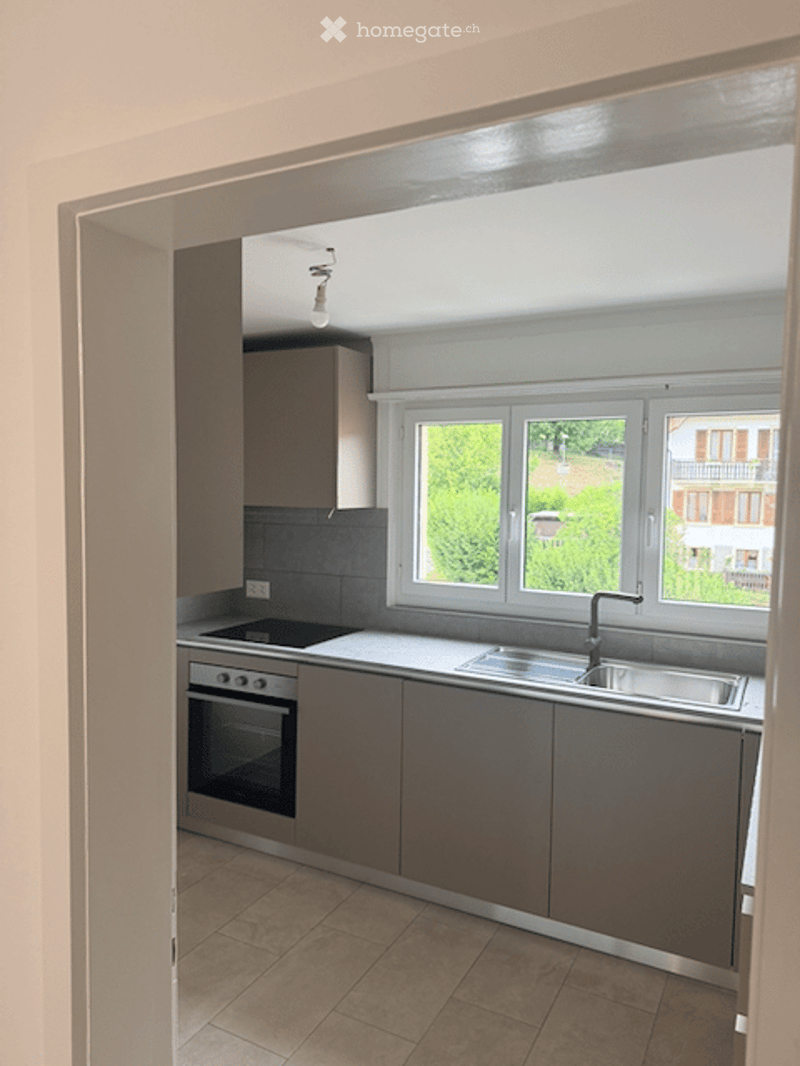 Modern kitchen with grey cabinets, a stove, oven, sink, and large windows overlooking a green area.