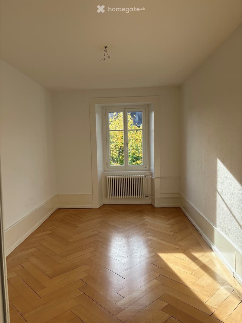 Empty room with wooden herringbone flooring, white walls, a window with a view of greenery, and a radiator below the window.