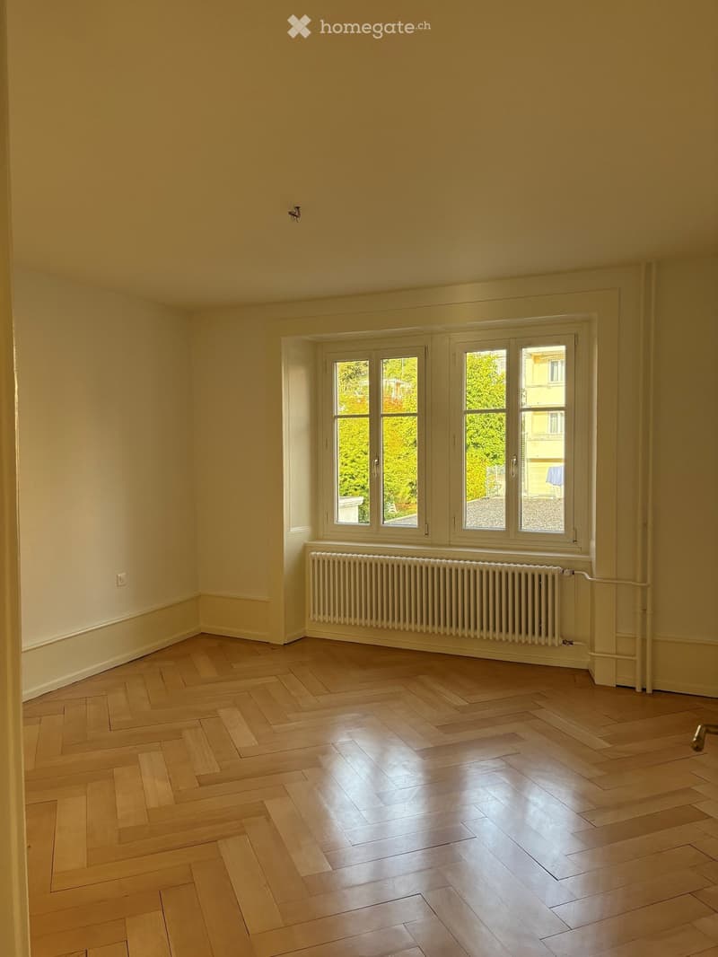 Empty room with light wooden flooring and large windows, featuring a radiator below the windows and neutral-colored walls.