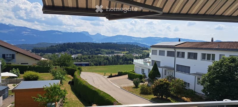 View from a balcony or terrace showing a well-maintained garden, a driveway leading to a modern white house, and distant mountain ranges under a partly cloudy sky.