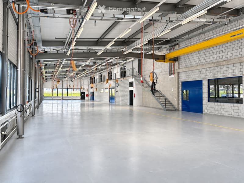 Wide, empty industrial-style corridor with grey concrete floor, exposed metal beams, and hanging orange safety equipment. Features large windows, blue doors, and a staircase leading to an upper level.