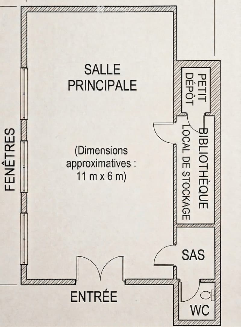 Floor plan of a space with a main room (SALLE PRINCIPALE), a small storage area (DÉPOT), a library (BIBLIOTHÈQUE), a storage area (LOCAL DE STOCKAGE), a WC, and an entrance (ENTRÉE).