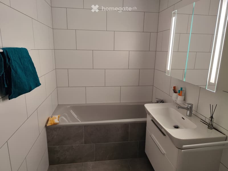 Modern bathroom with a bathtub, sink, and illuminated mirror. A towel hangs on the wall, and cosmetics are placed on the sink counter.