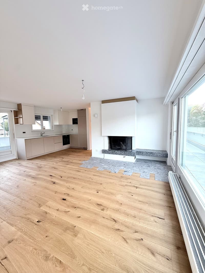 Open-plan living and kitchen area with light wooden flooring, modern kitchen cabinets, a fireplace, and large windows.