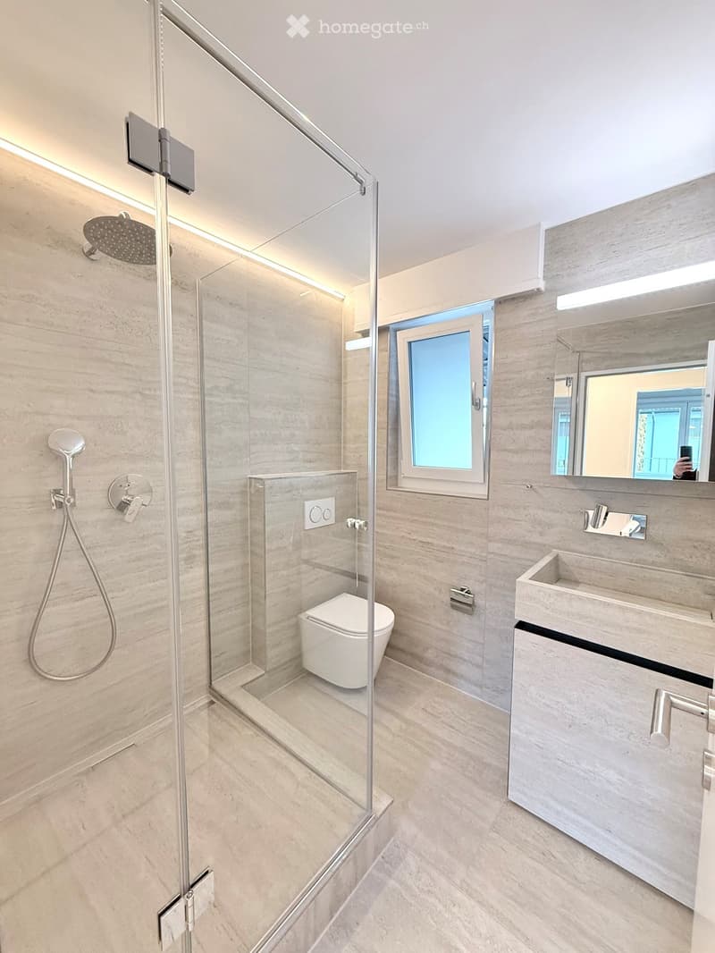 Modern bathroom with a glass-enclosed shower, toilet, sink, and mirror. Features light-colored tiles and sleek fixtures.