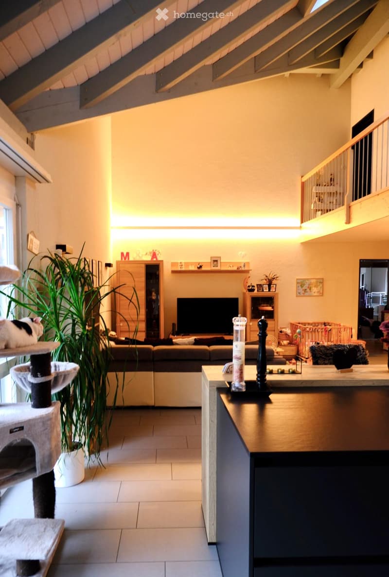 Bright living room with a modern sofa, a cat tree, a television, and a small table with decorative items. The room features a staircase leading to an upper level and is decorated with plants and shelves.