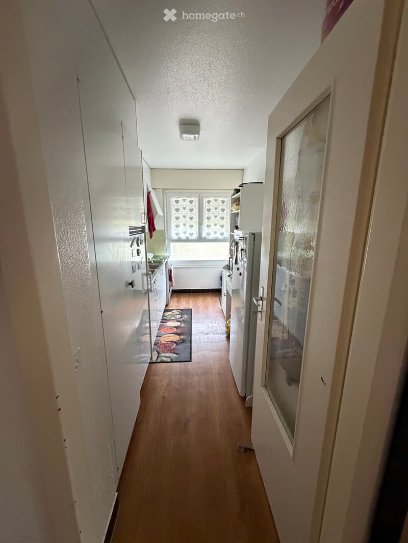 A narrow hallway with wooden flooring, white walls, and a small rug featuring colorful circular patterns. The hallway leads to a kitchen area with cabinets, a refrigerator, and a window with heart-patterned blinds.