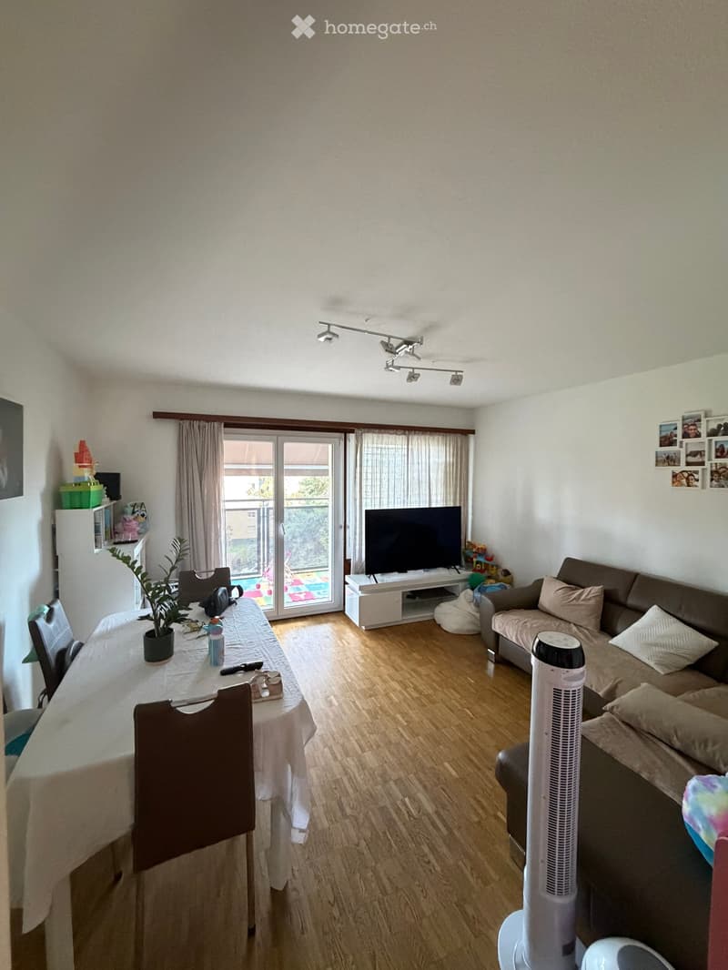 Living room with a sofa, dining table, chairs, TV, fan, and plant, connected to a balcony.