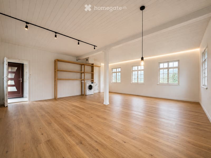 Bright, airy room with wooden flooring, white paneled walls, and exposed wooden beams on the ceiling. Features built-in wooden shelving and a washing machine in the corner, with large windows allowing natural light to fill the space.