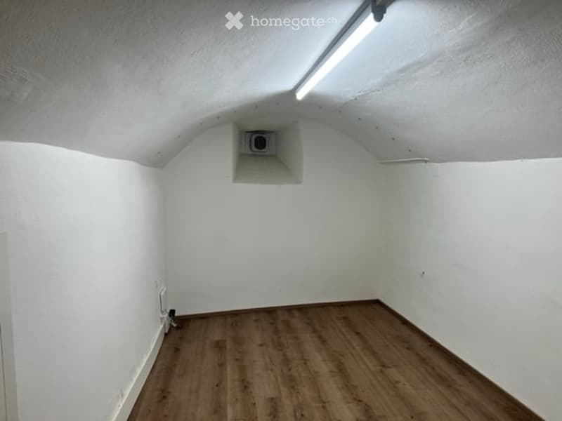 empty room, white walls, brown hardwood floor, recessed ceiling light