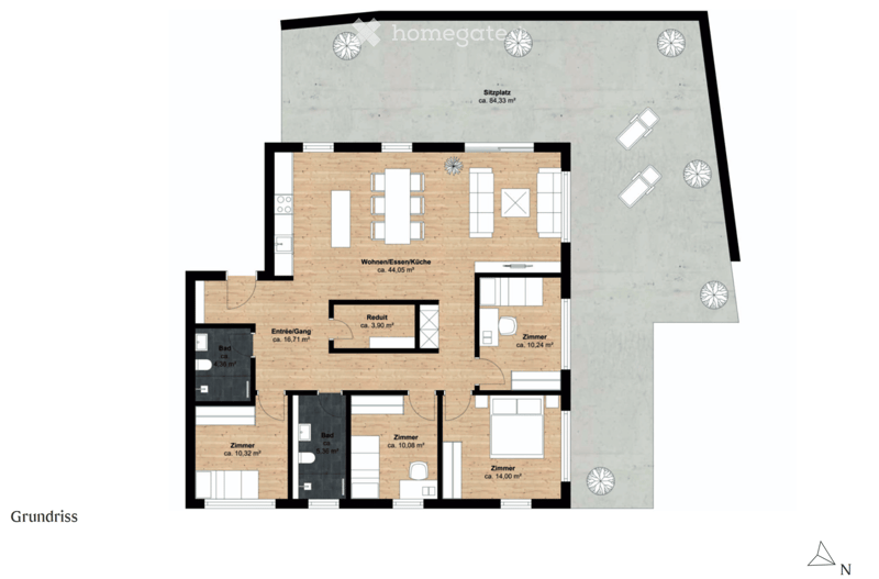 Floor plan of a multi-room apartment with labeled areas including living/dining/kitchen, bedrooms, bathrooms, hallway, and entrance.