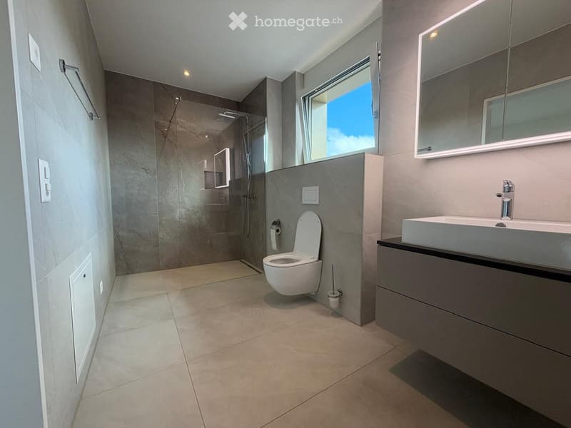 Modern bathroom with a toilet, sink, mirror, and glass-enclosed shower. Features grey tiles, a large window, and sleek cabinetry.
