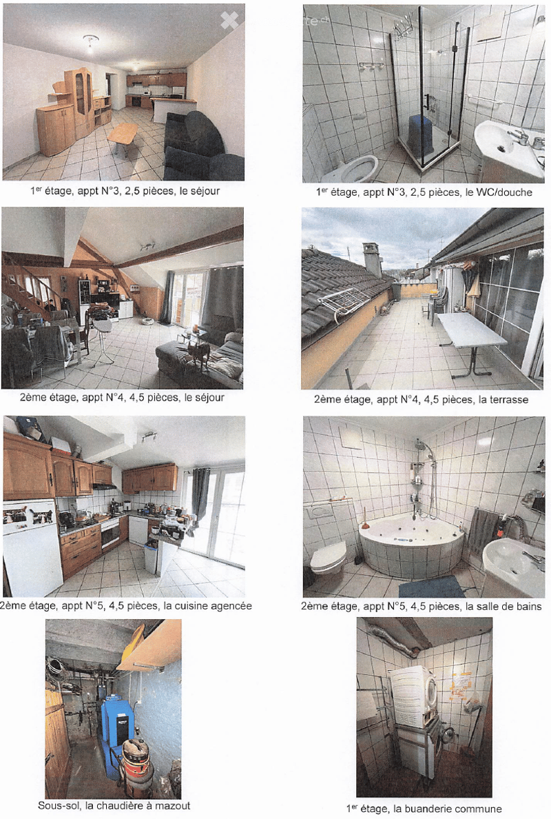 The images showcase various rooms and areas of a multi-story house, including a living room, bathroom, kitchen, terrace, and utility space.