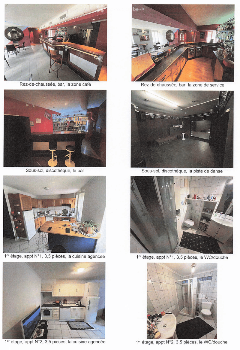The images showcase various rooms within a multi-level building, including a bar area with a counter and stools, a dance floor, a kitchen with cabinets and appliances, and bathrooms with toilets, showers, and bathtubs.
